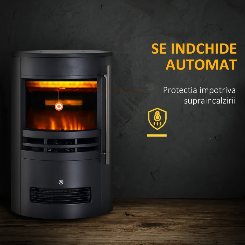 HOMCOM Șemineu Electric de Sol, Șemineu Rotund cu Putere de 900W/2000W și Efect de Flacără, 41x41x64,5 cm, Negru