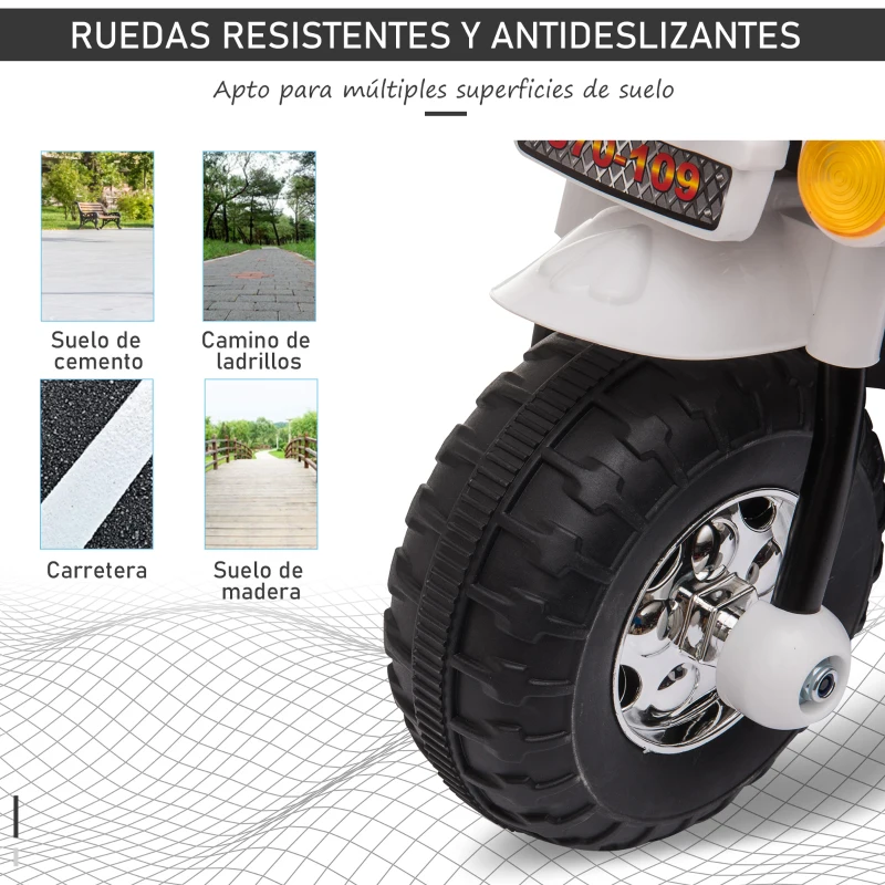 HOMCOM Moto Eléctrica para Niños de 18-36 Meses Moto de Batería 6V Motocicleta Infantil con 3 Ruedas Música Bocina Faros Baúl 80x35x52 cm Blanco