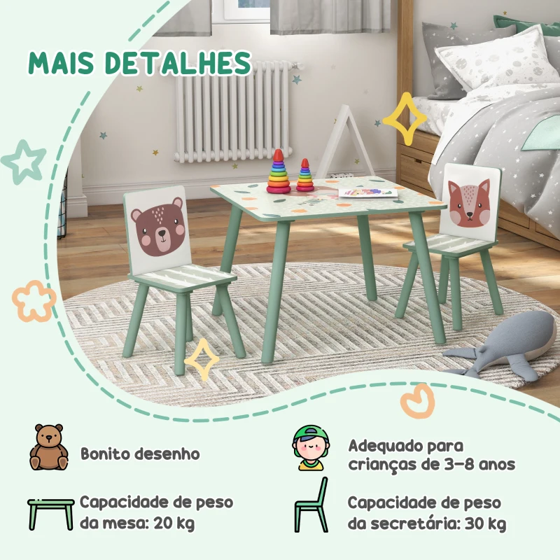ZONEKIZ Conjunto de Mesa e Cadeiras para Crianças de 3 Peças Mesa Infantil com 2 Cadeiras Conjunto de Móveis para Atividades Verde