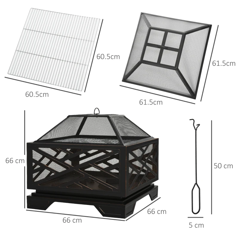 Outsunny Outdoor Metal Fire Pit Brazier w/ Grill Shelf, Lid, Poker for Camping, BBQ, 2 in 1, 66 x 66 x 66cm, Black