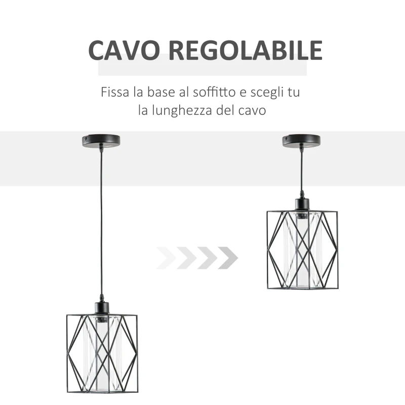 HOMCOM Lampadario Vintage in Stile Industriale, Lampada da Soffitto, Lampadario Salotto Cavo Regolabile, Nero, 16x16x120cm