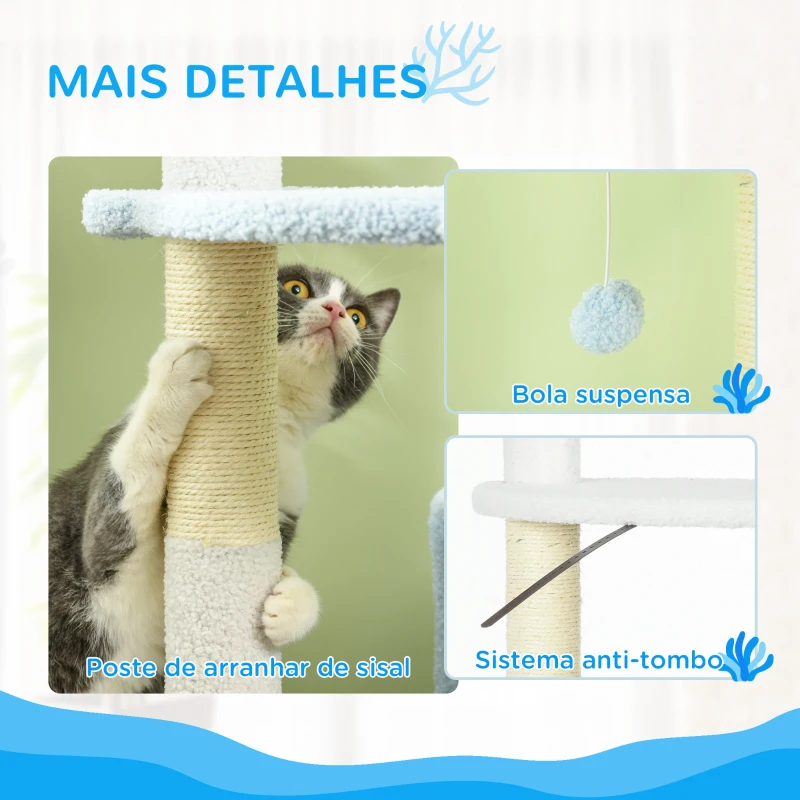 PawHut Arranhador para Gatos com Postes de Sisal Caverna Cama Rede e Bola de Brinquedo Ø54,5x155 cm Branco e Azul