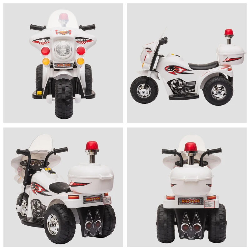 HOMCOM Moto Scooter électrique 3 roues pour Enfants 2 ans modèle Policier 6 V 3 Km/h Fonctions Lumineuses et sonores Top Case