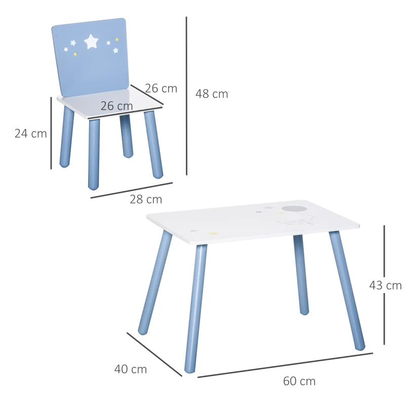 HOMCOM Conjunto de Mesa Infantil e 2 Cadeiras de Madeira Mesa com Cadeiras para Crianças de 2-4 Anos Branco e Azul