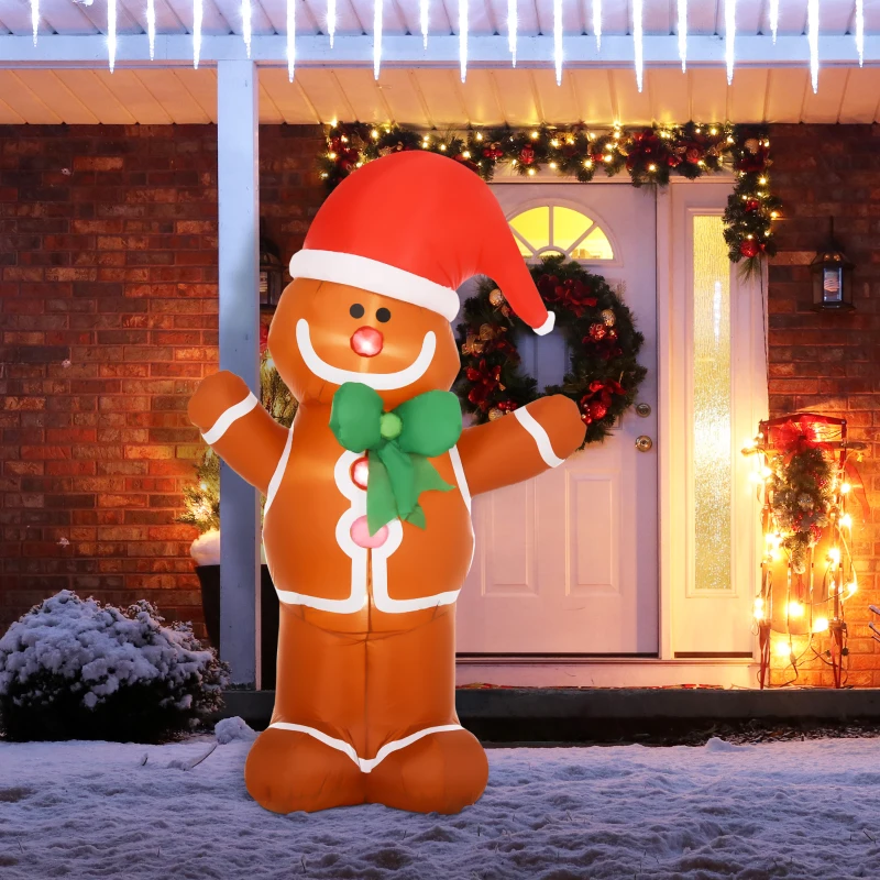 HOMCOM 6ft Christmas Inflatable Gingerbread Man, Outdoor Blow-Up Yard Decoration with Accessories