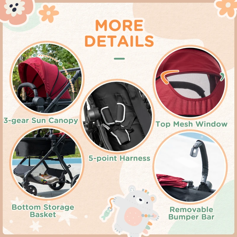 HOMCOM Baby Stroller Pram Pushchair 2 in 1 Lightweight w/ Reversible Seat, Foldable Travel, Fully Reclining From Birth to 3 Years, Red