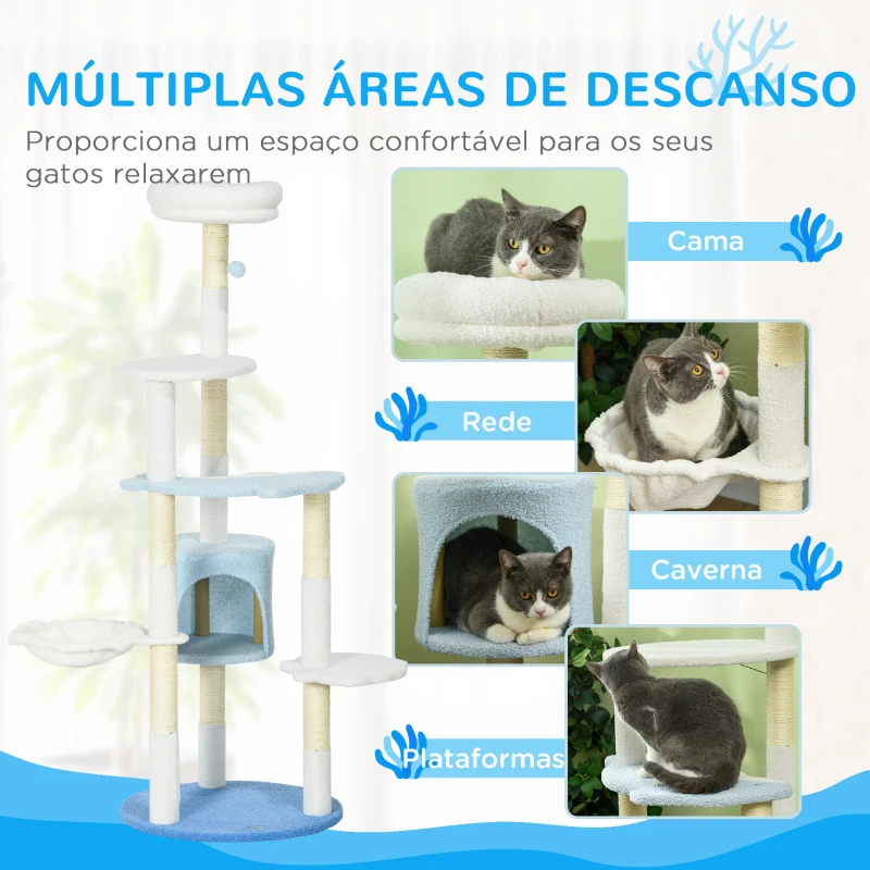 PawHut Arranhador para Gatos com Postes de Sisal Caverna Cama Rede e Bola de Brinquedo Ø54,5x155 cm Branco e Azul