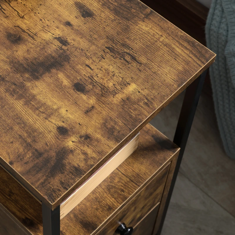 HOMCOM Side Table with 2 Drawers and Storage Shelf, Narrow End Table Bedside Table with Metal Frame for Small Spaces, Rustic Brown