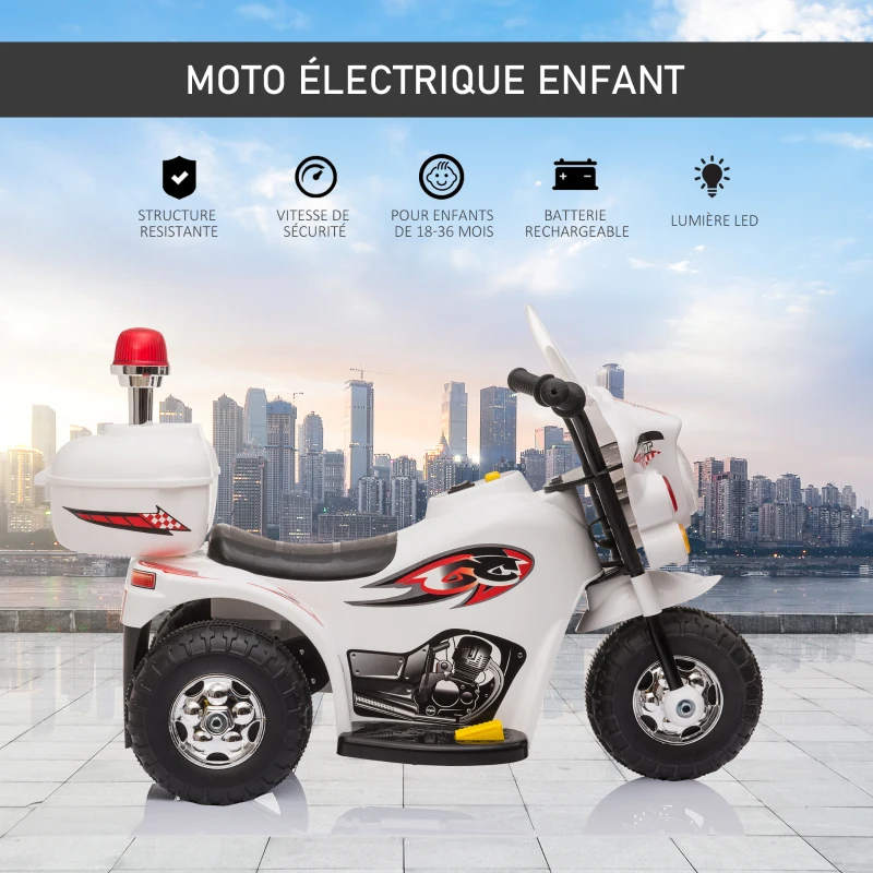 HOMCOM Moto Scooter électrique 3 roues pour Enfants 2 ans modèle Policier 6 V 3 Km/h Fonctions Lumineuses et sonores Top Case