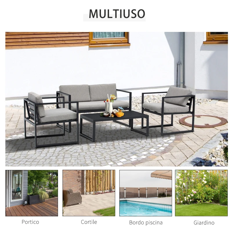 Outsunny Set Mobili da Giardino con Divano 2 Posti, 2 Poltrone e Tavolino in Alluminio con Cuscini, Grigio e Nero