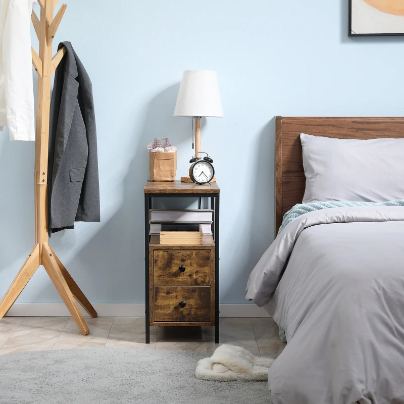 HOMCOM Side Table with 2 Drawers and Storage Shelf, Narrow End Table Bedside Table with Metal Frame for Small Spaces, Rustic Brown