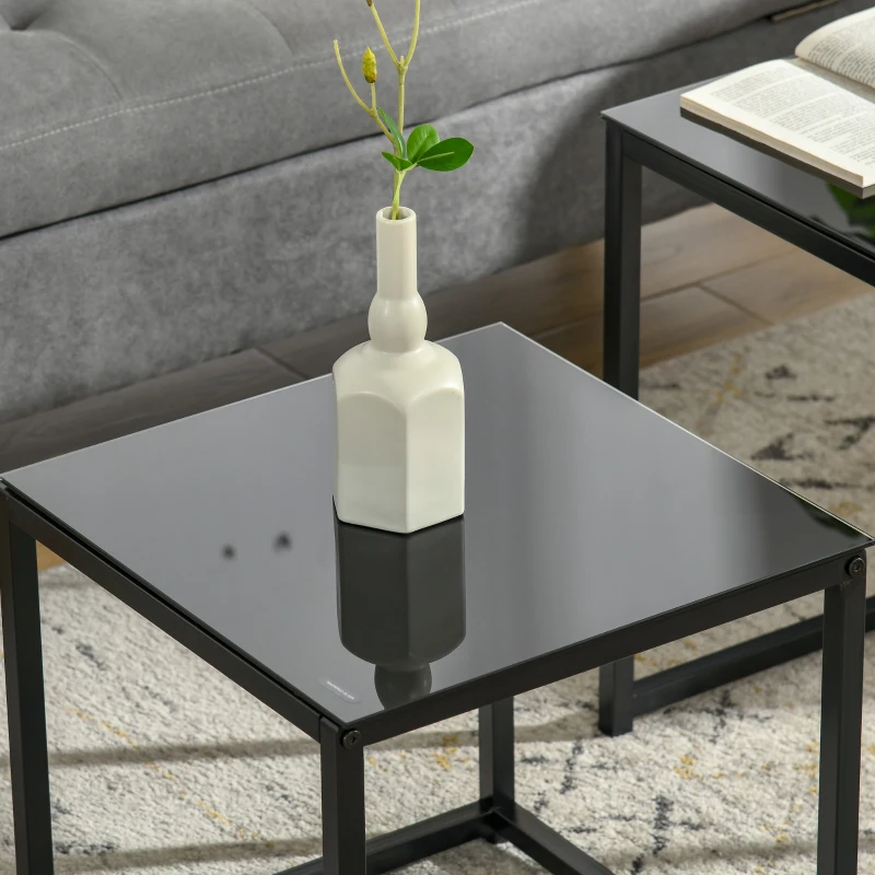HOMCOM Nesting Tables Side Table, Modern Bedside Tables w/ Tempered Glass Desktop for Living Room Bedroom Office Black
