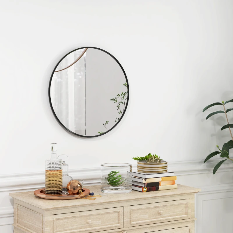 HOMCOM 61cm Decorative Wall Mirror for Bedroom Living Room, Modern Round Bathroom Mirror for Home Decor, Black