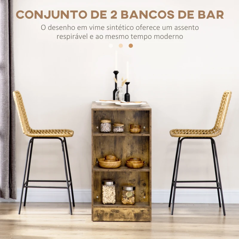 HOMCOM Bancos Altos de Cozinha em Vime Sintético Bancos de Bar Modernos com Pés de Aço 42,5x52x102 cm Madeira e Preto