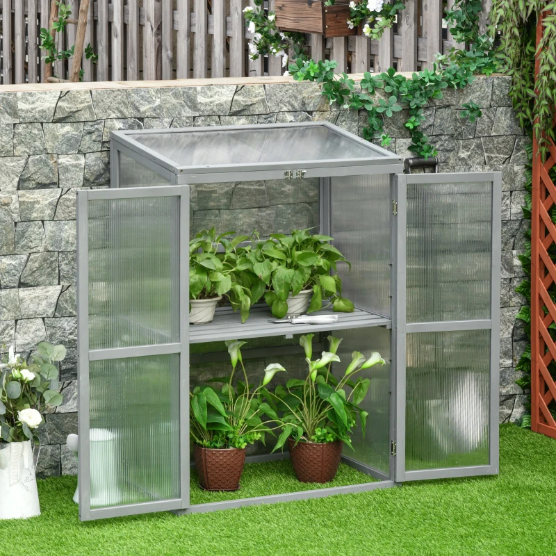 Outsunny Cold Frame Greenhouse Garden Grow House with Adjustable Shelf, Double Doors, 76 x 47 x 110cm, Light Grey