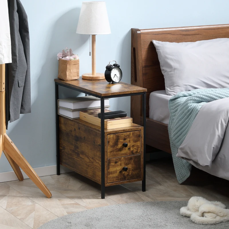 HOMCOM Side Table with 2 Drawers and Storage Shelf, Narrow End Table Bedside Table with Metal Frame for Small Spaces, Rustic Brown