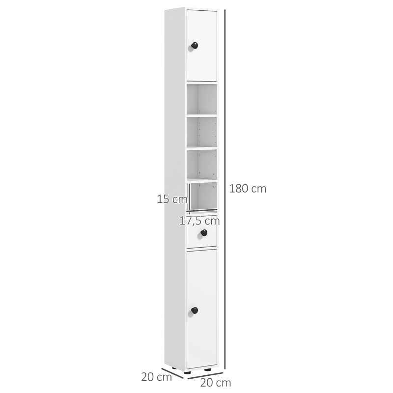 kleankin Coluna Casa de Banho Moderna com 1 Gaveta 5 Prateleiras Ajustáveis e 2 Armários 20x20x180 cm Branco