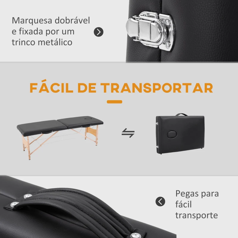 HOMCOM Marquesa de Massagem Dobrável Portátil com Apoio para a Cabeça Altura Ajustável e Bolsa de Transporte 186x60x58-81 cm Preto