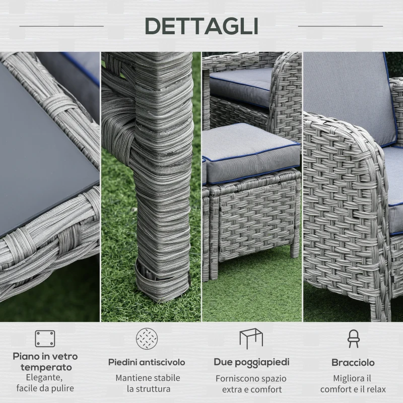 Outsunny Salotto da Giardino Set 6 Pz con Divano e Poltrone da Esterno, Mobili da Giardino in Rattan Grigio