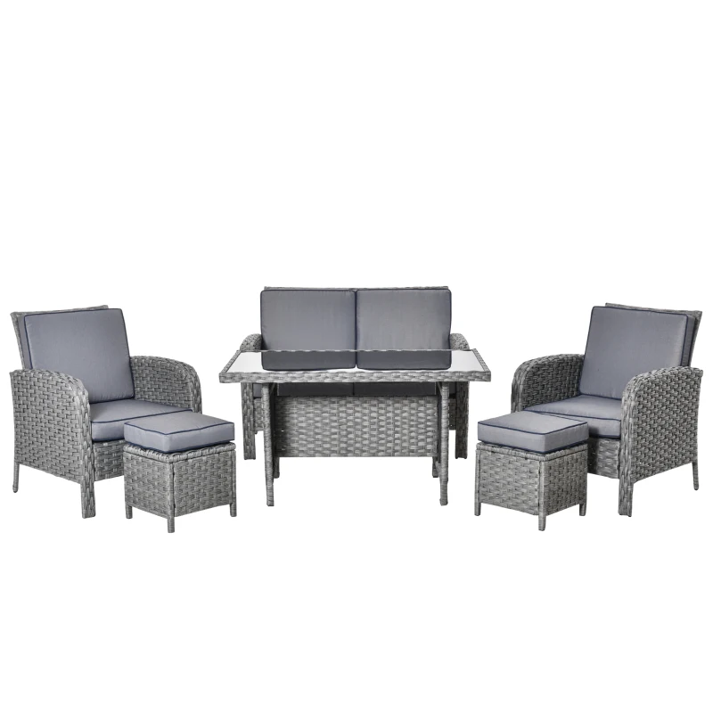 Outsunny Conjunto de Muebles de Jardín 6 Piezas de Ratán con Mesa de Centro Sofá Doble 2 Sillones Individuales 2 Taburetes con Cojines para Patio Porche Terraza Gris