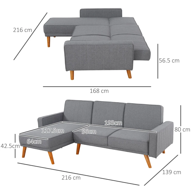HOMCOM Divano Letto Angolare con Penisola Componibile Schienale Reclinabile e Struttura in Legno in Tessuto Grigio