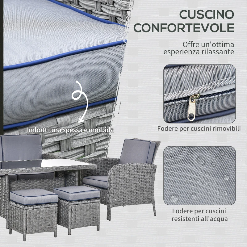 Outsunny Salotto da Giardino Set 6 Pz con Divano e Poltrone da Esterno, Mobili da Giardino in Rattan Grigio