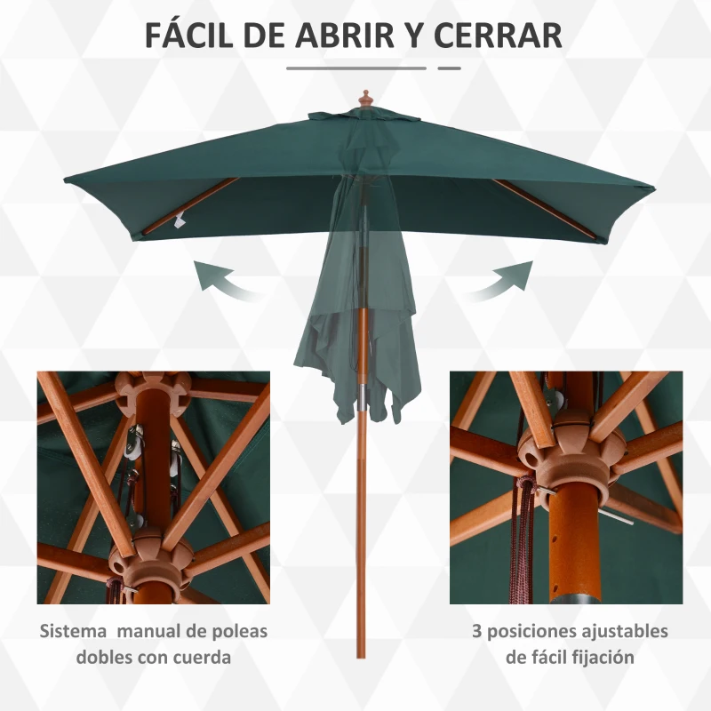 Outsunny Sombrilla Terraza Exterior 200x150 cm Sombrilla de Jardín Rectangular con Ángulo Ajustable Mástil de Madera y Manivela Parasol para Patio Terraza Verde