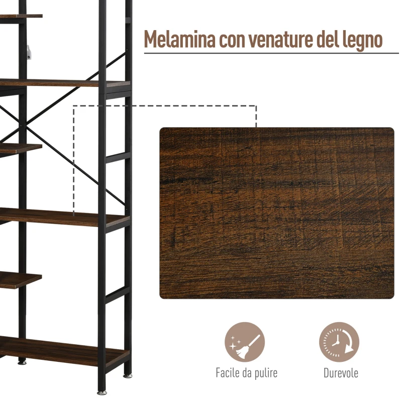 HOMCOM Grande Scaffale Libreria da Parete in Legno e Metallo Nero con 6 Ripiani, Stile Vintage Industriale, 100x30x182cm