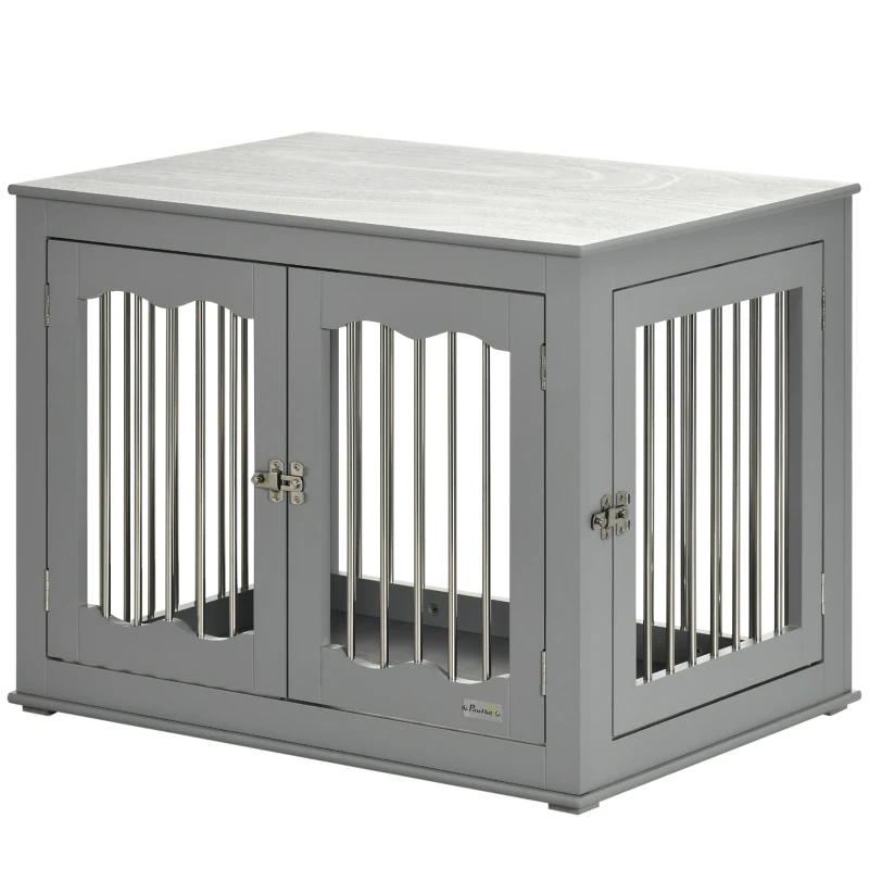 PawHut Dog Crate End Table Furniture Style Dog Cage w/ Three Doors, Locks and Latches - Grey