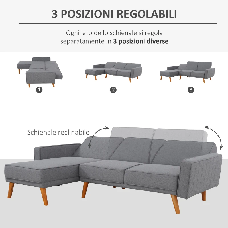 HOMCOM Divano Letto Angolare con Penisola Componibile Schienale Reclinabile e Struttura in Legno in Tessuto Grigio