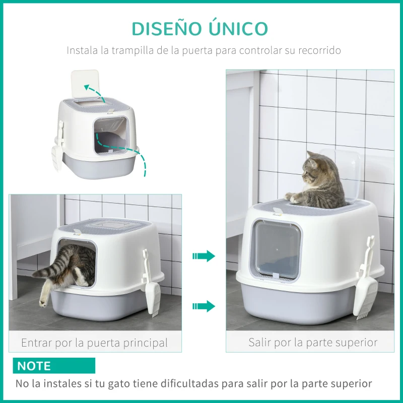 PawHut Caja de Arena para Gatos Arenero Cerrado para Gatos con Entrada Delantera Salida Superior Bandeja Extraíble y Pala 40x53,5x37,5 cm Crema y Gris