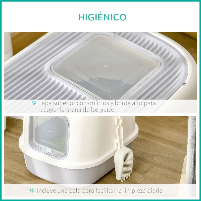 PawHut Caja de Arena para Gatos Arenero Cerrado para Gatos con Entrada Delantera Salida Superior Bandeja Extraíble y Pala 40x53,5x37,5 cm Crema y Gris