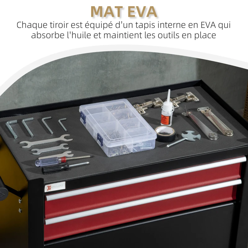 DURHAND Chariot à outils servante d'atelier sur roulettes 2 tiroirs 1 compartiment 1 plan de travail verrouillable noir et rouge