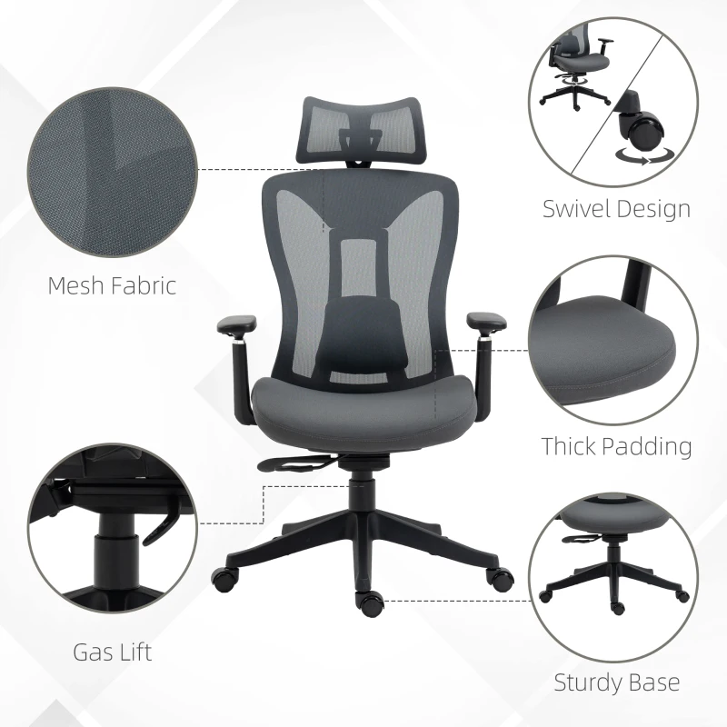 Vinsetto Office Chair Computer Chair 135° Tilt Function, Height Adjustable, 70 cm x 66 cm x 120-128 cm, Grey