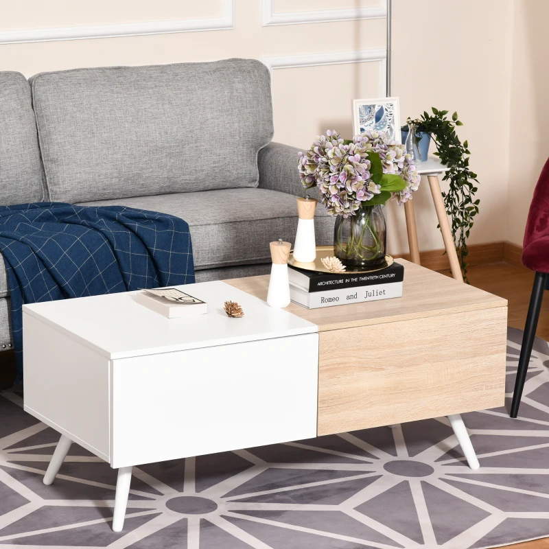 HOMCOM Tavolino da Salotto Stile Nordico con 2 Cassetti, Mobiletto Moderno Casa e Ufficio, Bianco e Rovere, 110x50x45cm