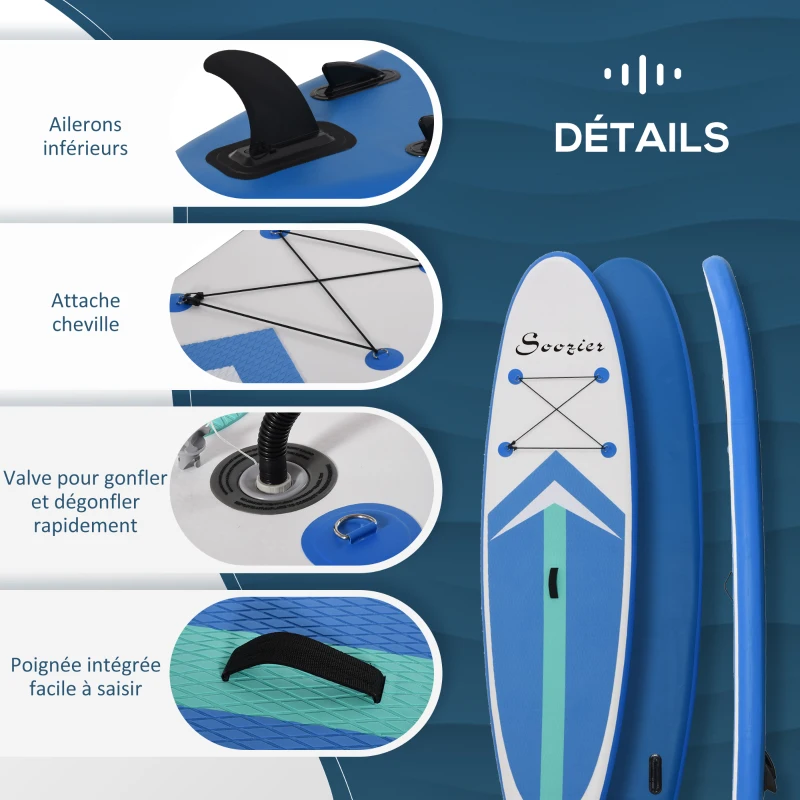 HOMCOM Stand up paddle gonflable surf planche de paddle pour adulte dim. 320L x 80l x 15H cm nombreux accessoires fournis PVC