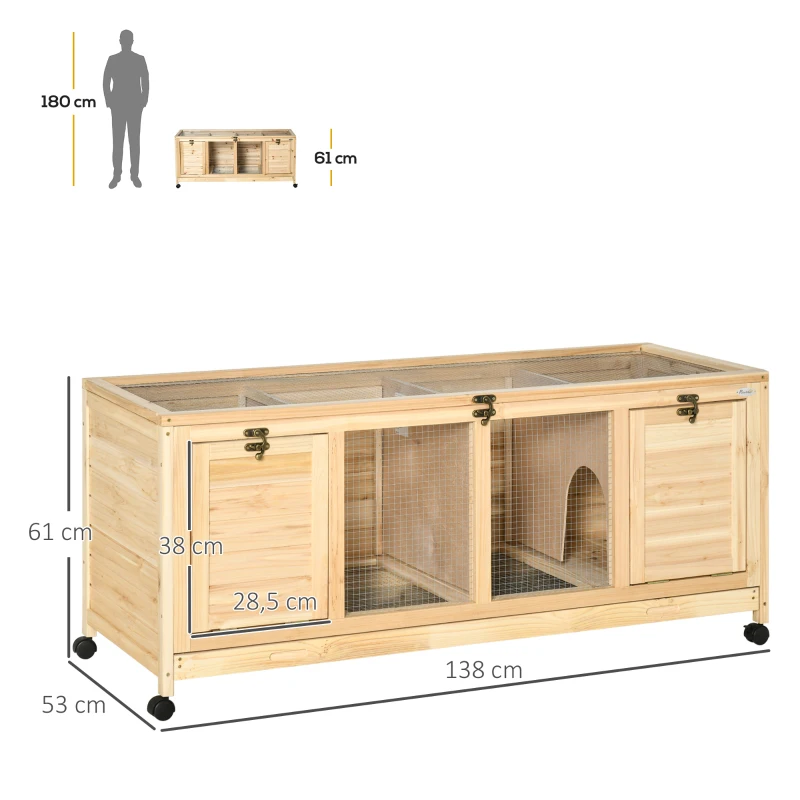 PawHut Kleintierstall inkl. Trennplatte 4 Rollen Tannenholz Metall Natur
