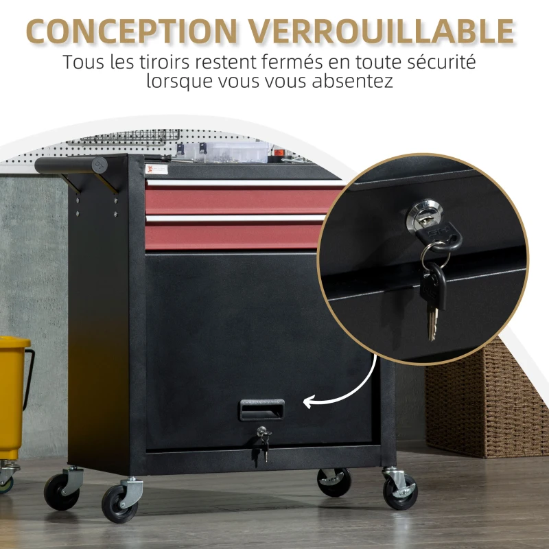 DURHAND Chariot à outils servante d'atelier sur roulettes 2 tiroirs 1 compartiment 1 plan de travail verrouillable noir et rouge