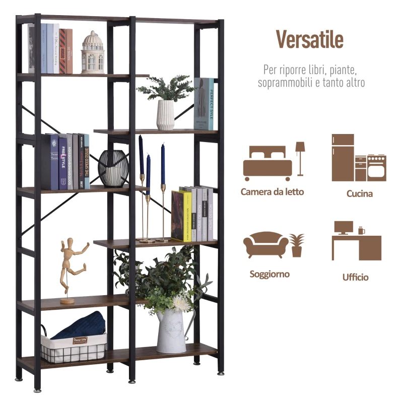 HOMCOM Grande Scaffale Libreria da Parete in Legno e Metallo Nero con 6 Ripiani, Stile Vintage Industriale, 100x30x182cm