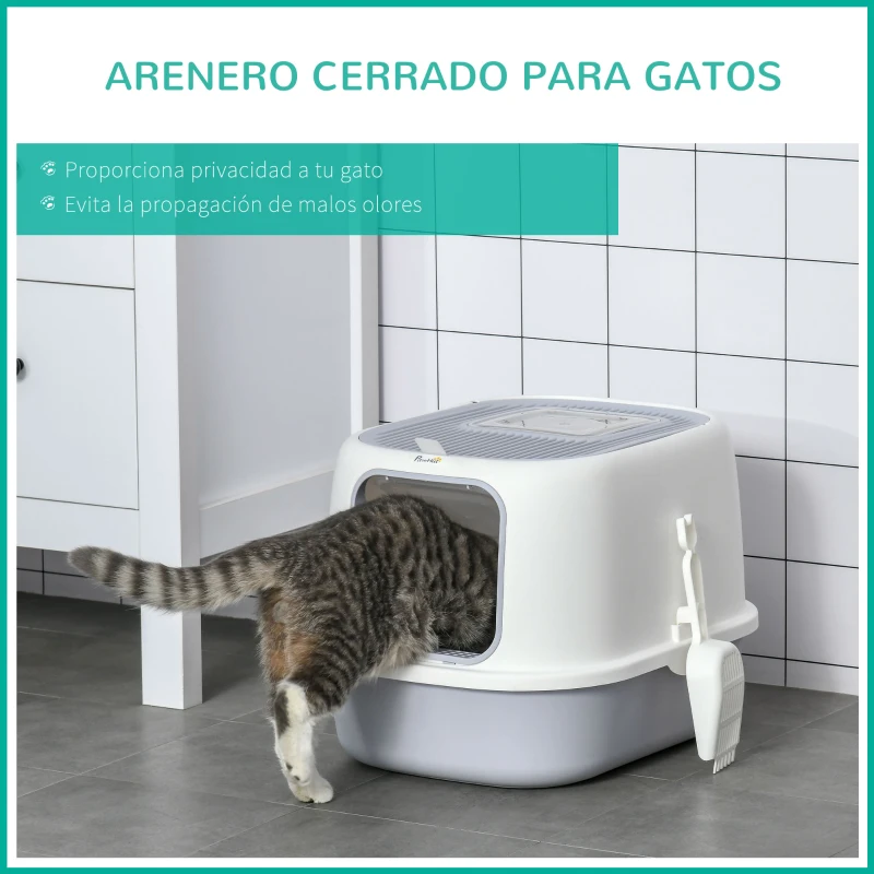 PawHut Caja de Arena para Gatos Arenero Cerrado para Gatos con Entrada Delantera Salida Superior Bandeja Extraíble y Pala 40x53,5x37,5 cm Crema y Gris