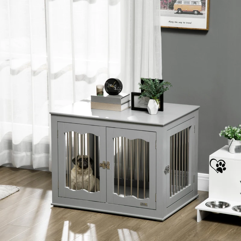 PawHut Dog Crate End Table Furniture Style Dog Cage w/ Three Doors, Locks and Latches - Grey
