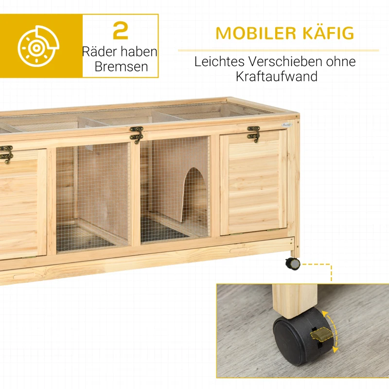 PawHut Kleintierstall inkl. Trennplatte 4 Rollen Tannenholz Metall Natur