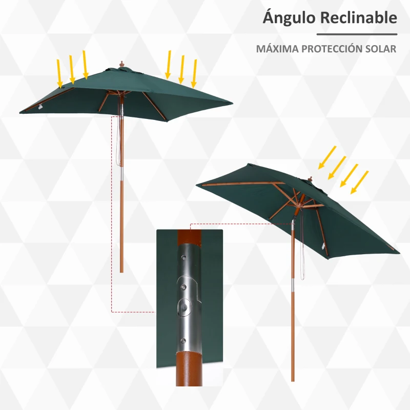 Outsunny Sombrilla Terraza Exterior 200x150 cm Sombrilla de Jardín Rectangular con Ángulo Ajustable Mástil de Madera y Manivela Parasol para Patio Terraza Verde