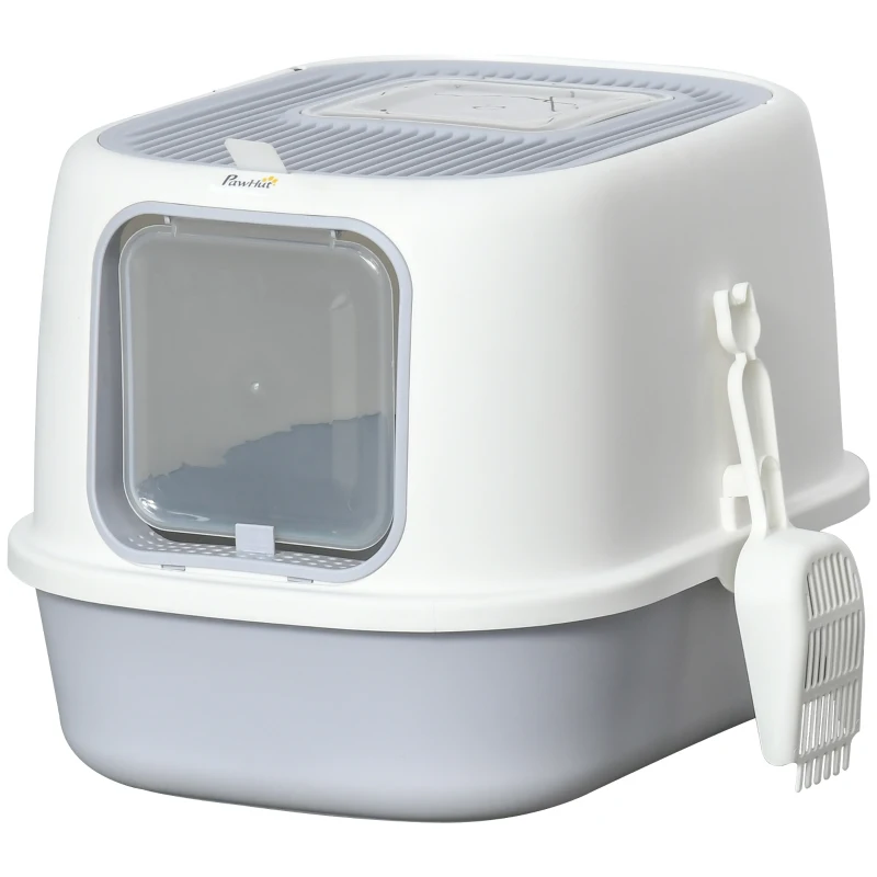 PawHut Caja de Arena para Gatos Arenero Cerrado para Gatos con Entrada Delantera Salida Superior Bandeja Extraíble y Pala 40x53,5x37,5 cm Crema y Gris