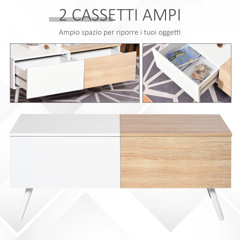 HOMCOM Tavolino da Salotto Stile Nordico con 2 Cassetti, Mobiletto Moderno Casa e Ufficio, Bianco e Rovere, 110x50x45cm