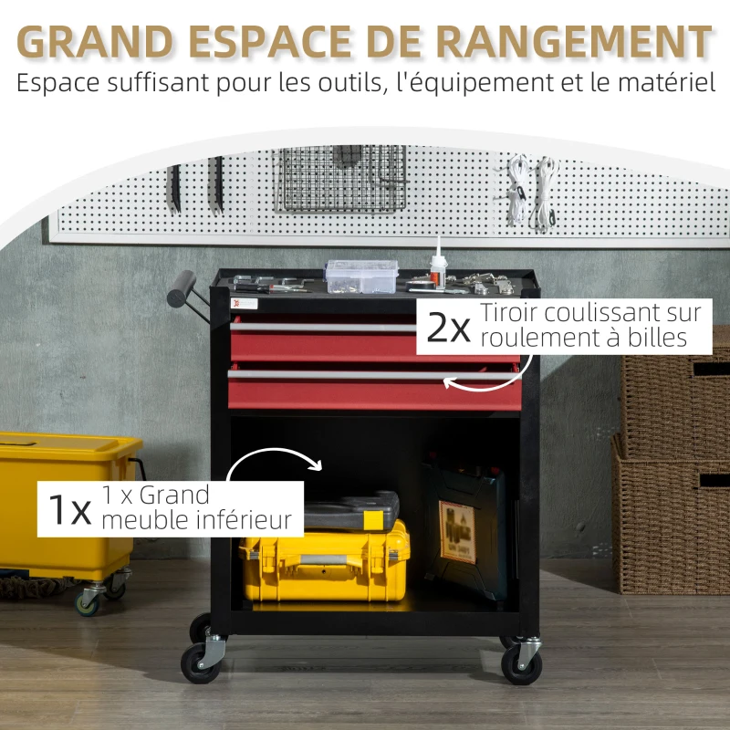 DURHAND Chariot à outils servante d'atelier sur roulettes 2 tiroirs 1 compartiment 1 plan de travail verrouillable noir et rouge