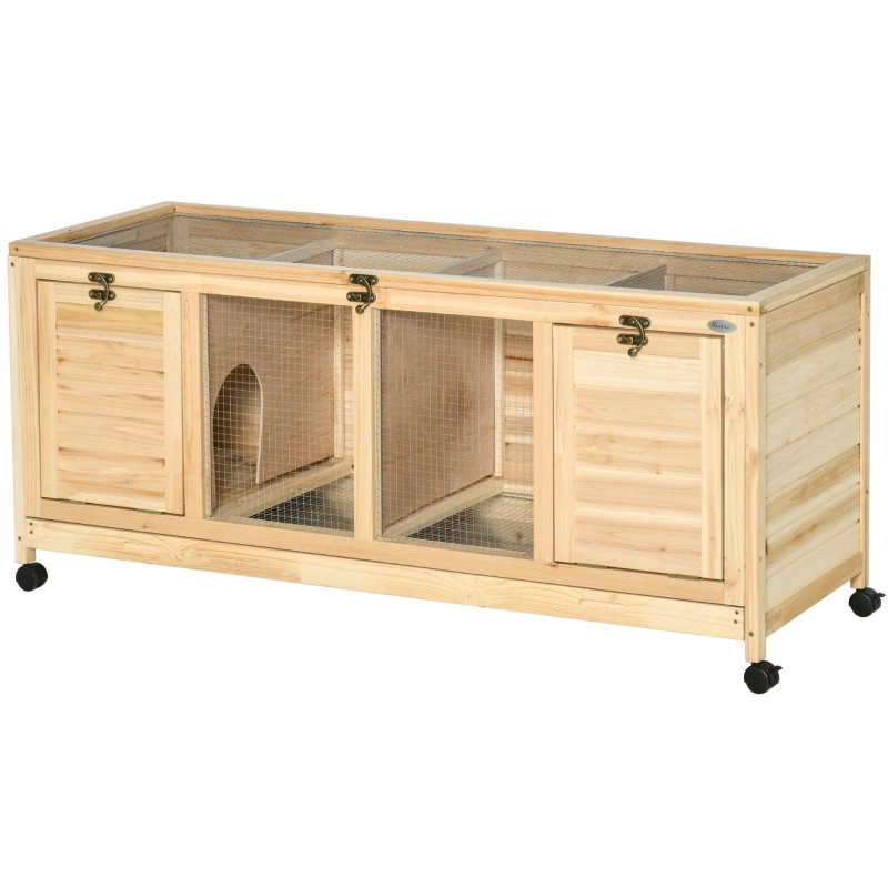 PawHut Kleintierstall inkl. Trennplatte 4 Rollen Tannenholz Metall Natur