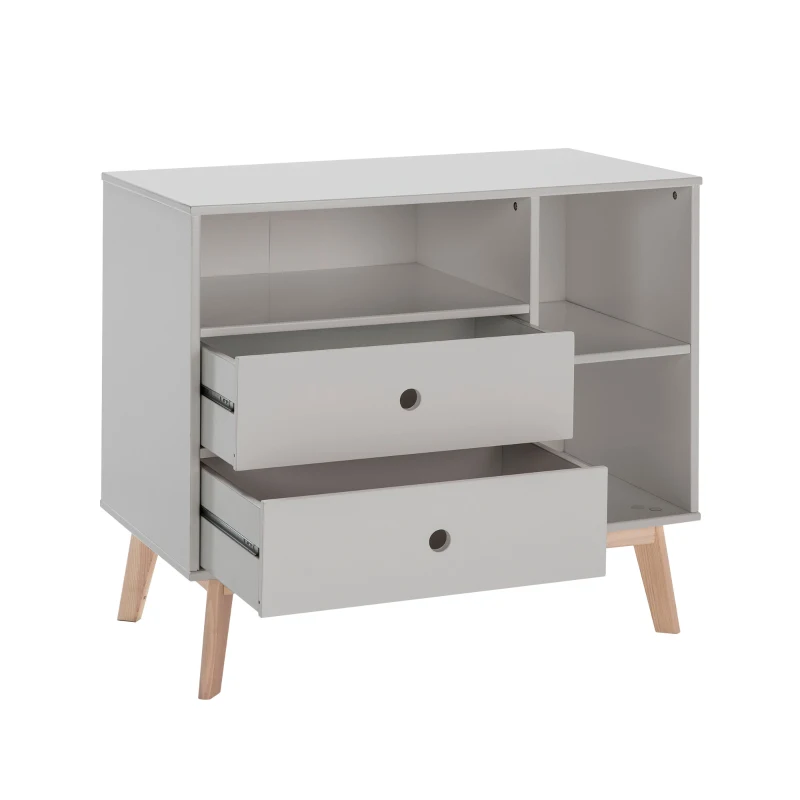 HOMCOM Commode 2 tiroirs 3 niches pour Enfant dim. 90L x 50,8l x 80,1H cm MDF Gris Bois Massif pin