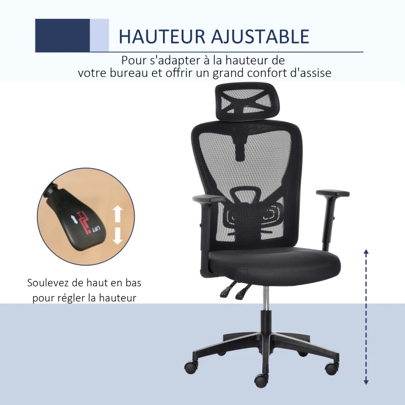 Vinsetto Chaise Bureau Ergonomique Fauteuil de Bureau Grand Confort avec Appui-tête et Dossier inclinable Hauteur Assise réglable Tissu Maille Noir