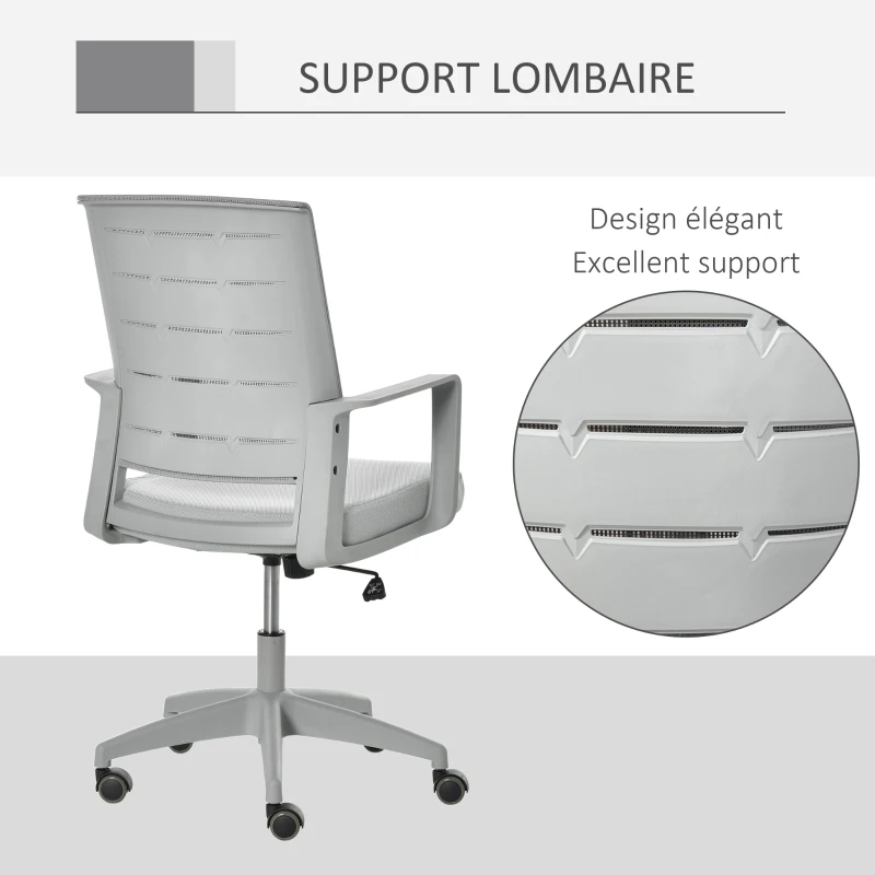 Vinsetto Chaise de Bureau Fauteuil de Bureau Ergonomique Hauteur réglable pivotante 360° revêtement Maille Gris